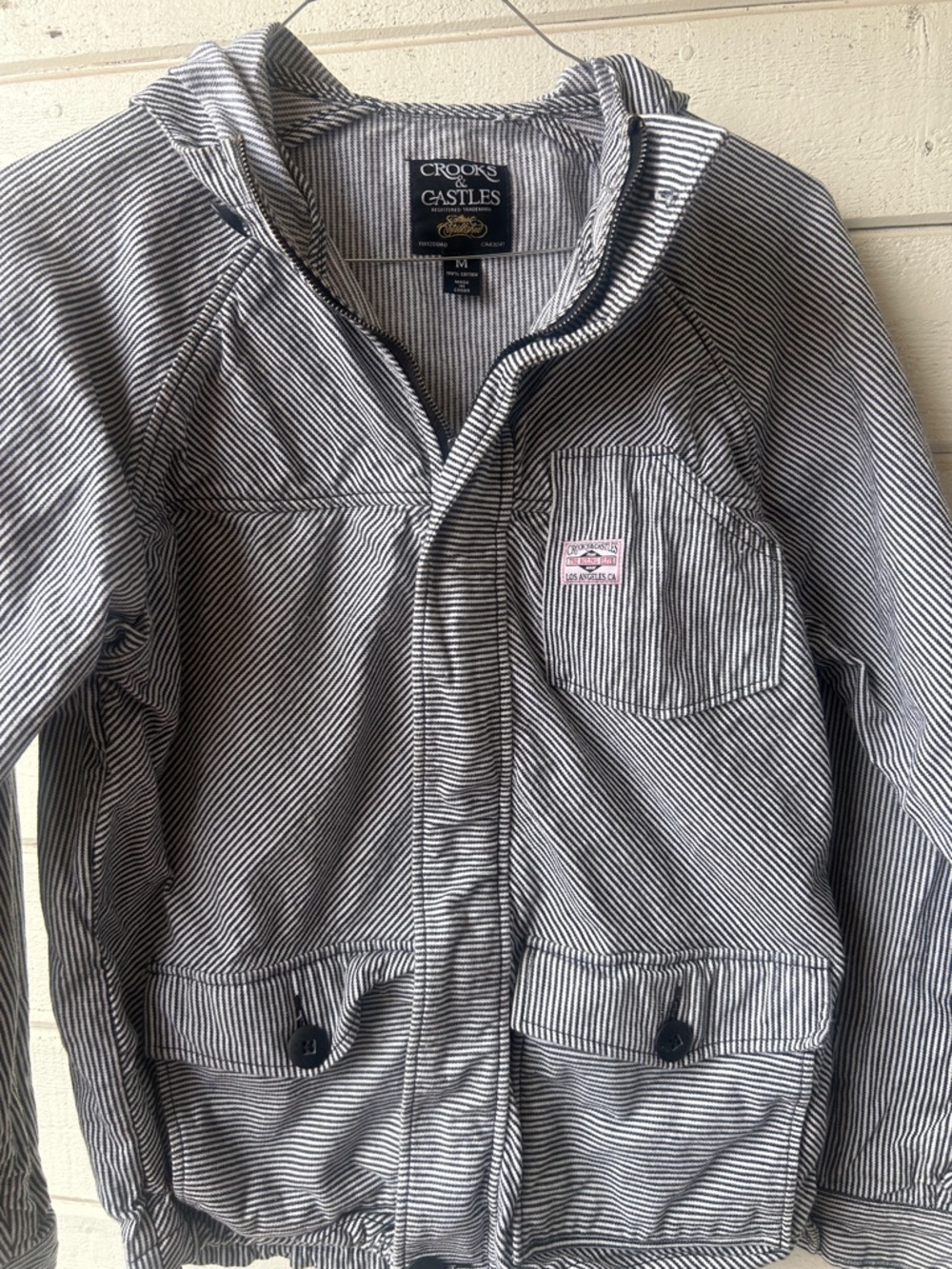Crooks & Castles Mens Black and White Striped Hooded Jacket